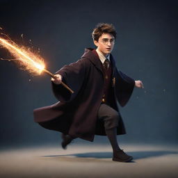 2D animation of a character running for a Harry Potter-inspired video game. The character wears wizarding robes, brandishes a wand and displays agility and magical sparks trailing behind as they run.