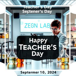 An electronic photo album cover for Teacher's Day, set on September 10, 2024, featuring a male student conducting experiments in a modern laboratory