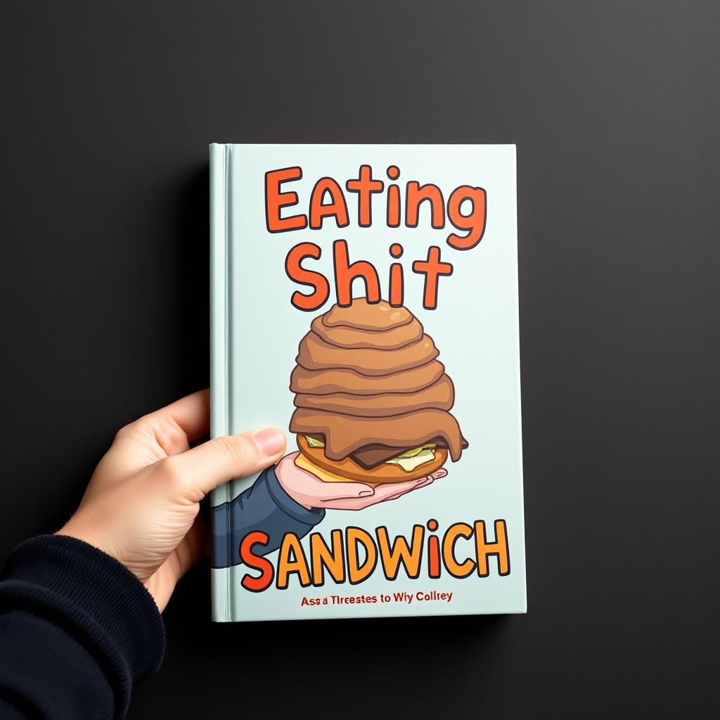 Design a book cover featuring a surreal and abstract concept with a person holding a sandwich humorously styled to resemble a pile of brown, exaggerated to the point of being utterly unrealistic, with a visible bite taken out of it