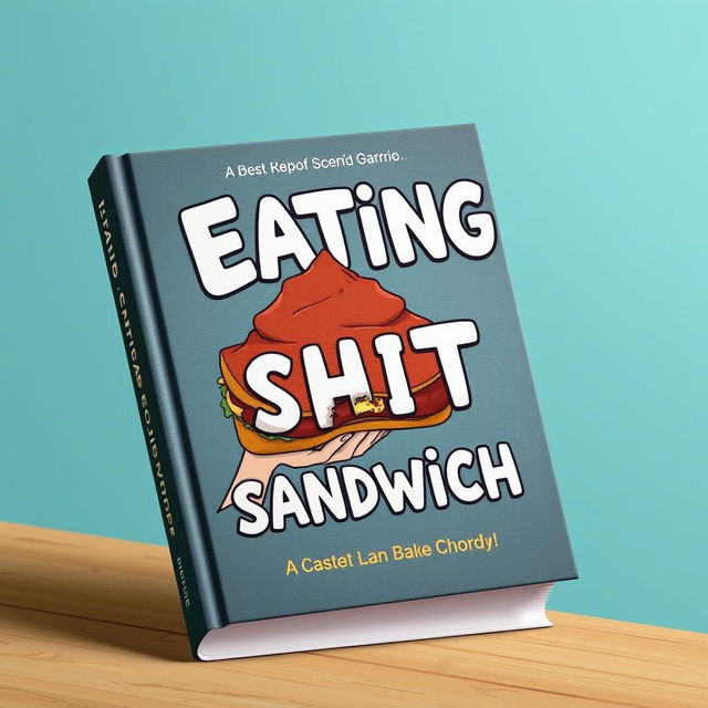 Design a book cover featuring a surreal and abstract concept with a person holding a sandwich humorously styled to resemble a pile of brown, exaggerated to the point of being utterly unrealistic, with a visible bite taken out of it