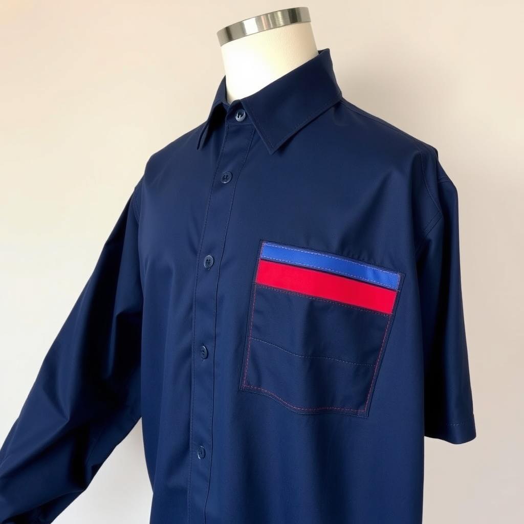 navy blue work shirt with three stripes on the left side