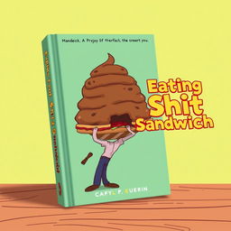 Design a book cover featuring a surreal and abstract concept with a person holding a sandwich humorously styled to resemble a pile of brown, exaggerated to the point of being utterly unrealistic, with a visible bite taken out of it