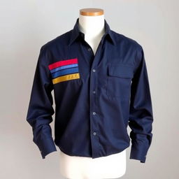 navy blue work shirt with three stripes on the left side