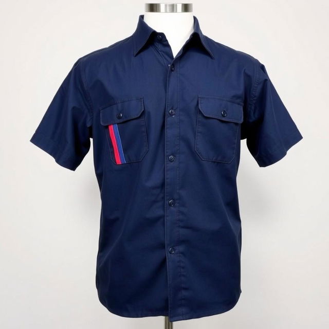 navy blue work shirt with three stripes on the left side