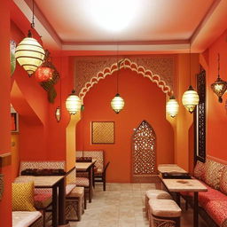 Design a 1600 sq ft budget-friendly Arabian Mandi eatery, with 30 percent of the area devoted to the kitchen. Incorporate traditional Middle Eastern architectural elements.