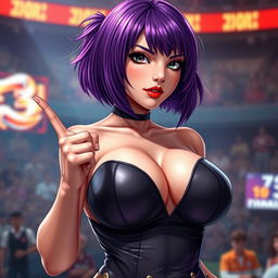 A captivating, sexy woman resembling Ayane from Dead or Alive, with striking, violet-hued hair styled in an elegant bob cut