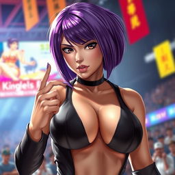 A captivating, sexy woman resembling Ayane from Dead or Alive, with striking, violet-hued hair styled in an elegant bob cut