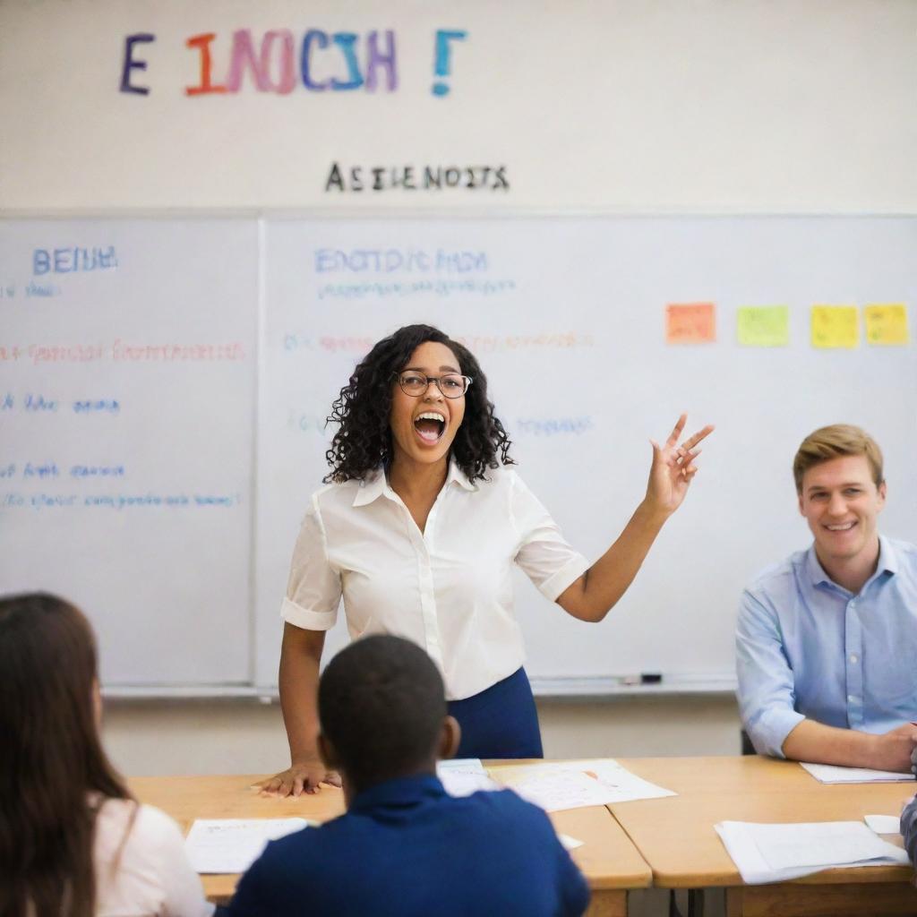 A lively, brightly lit classroom with diverse students deeply engaged in learning English. The teacher, in front of a whiteboard filled with English words, demonstrates a lesson with enthusiasm.