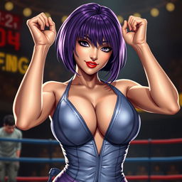 An ultrarealistic depiction of a sexy woman resembling Ayane from Dead or Alive, featuring striking violet hair styled in an elegant bob