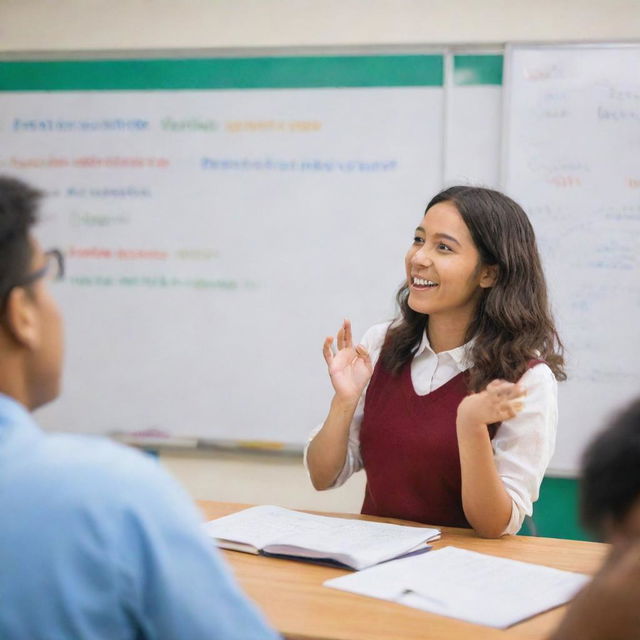 A lively, brightly lit classroom with diverse students deeply engaged in learning English. The teacher, in front of a whiteboard filled with English words, demonstrates a lesson with enthusiasm.