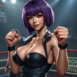 An ultrarealistic depiction of a sexy woman resembling Ayane from Dead or Alive, featuring striking violet hair styled in an elegant bob