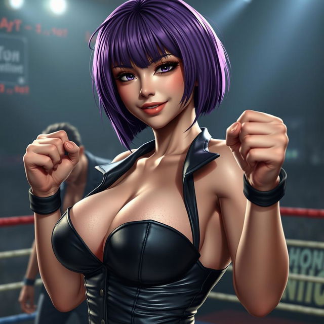 An ultrarealistic depiction of a sexy woman resembling Ayane from Dead or Alive, featuring striking violet hair styled in an elegant bob