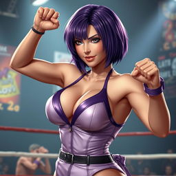 An ultrarealistic depiction of a sexy woman resembling Ayane from Dead or Alive, featuring striking violet hair styled in an elegant bob