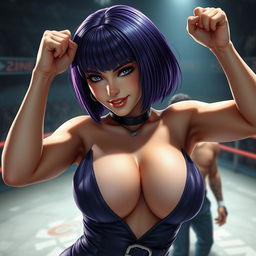 An ultrarealistic depiction of a sexy woman resembling Ayane from Dead or Alive, featuring striking violet hair styled in an elegant bob