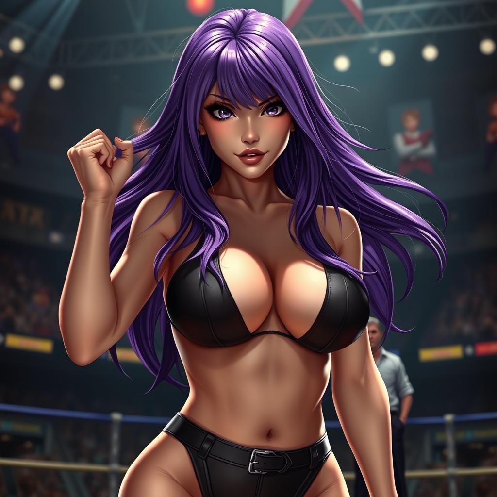 An ultrarealistic depiction of a sexy woman resembling Ayane from Dead or Alive, showcasing her flowing violet hair and striking, well-defined features