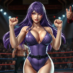 An ultrarealistic depiction of a sexy woman resembling Ayane from Dead or Alive, showcasing her flowing violet hair and striking, well-defined features