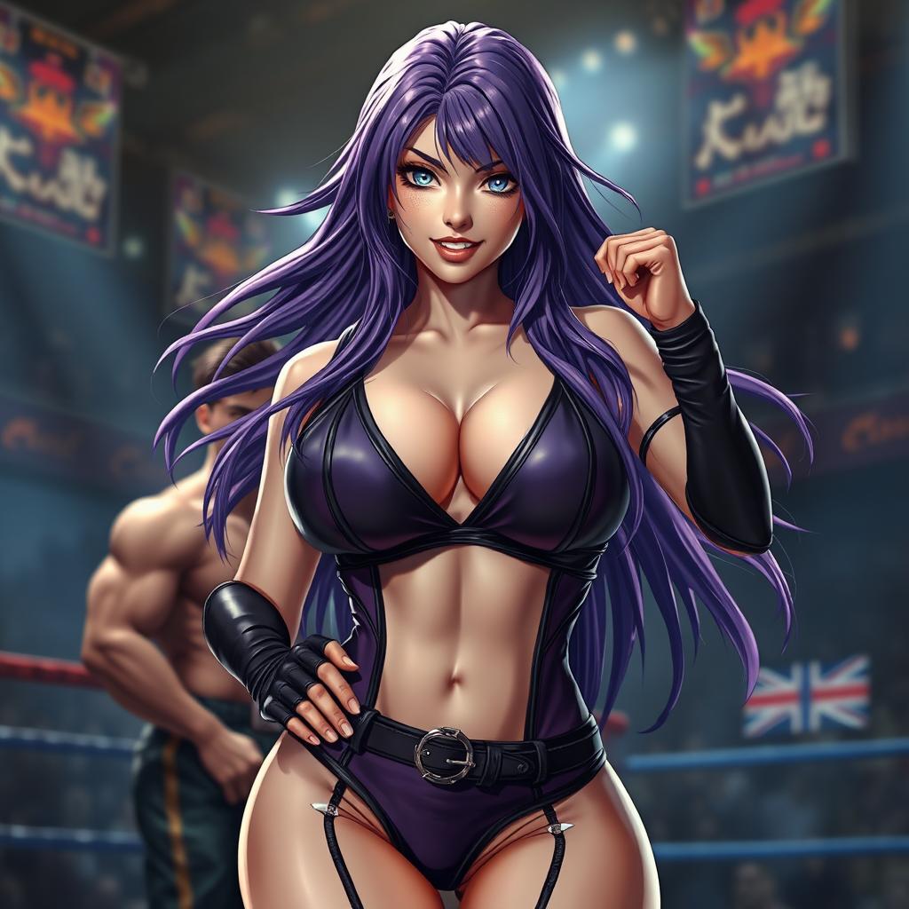 An ultrarealistic depiction of a sexy woman resembling Ayane from Dead or Alive, showcasing her flowing violet hair and striking, well-defined features