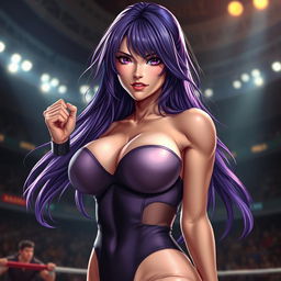 An ultrarealistic depiction of a sexy woman resembling Ayane from Dead or Alive, showcasing her flowing violet hair and striking, well-defined features