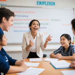 A lively, brightly lit classroom with diverse students deeply engaged in learning English. The teacher, in front of a whiteboard filled with English words, demonstrates a lesson with enthusiasm.