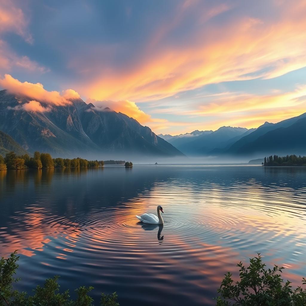 A serene landscape depicting a tranquil lakeside scene at sunrise