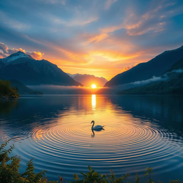 A serene landscape depicting a tranquil lakeside scene at sunrise