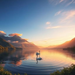 A serene landscape depicting a tranquil lakeside scene at sunrise