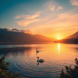 A serene landscape depicting a tranquil lakeside scene at sunrise