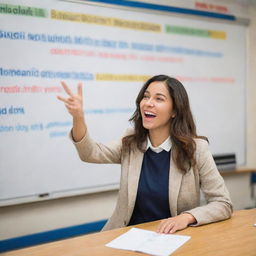 A lively, brightly lit classroom with diverse students deeply engaged in learning English. The teacher, in front of a whiteboard filled with English words, demonstrates a lesson with enthusiasm.