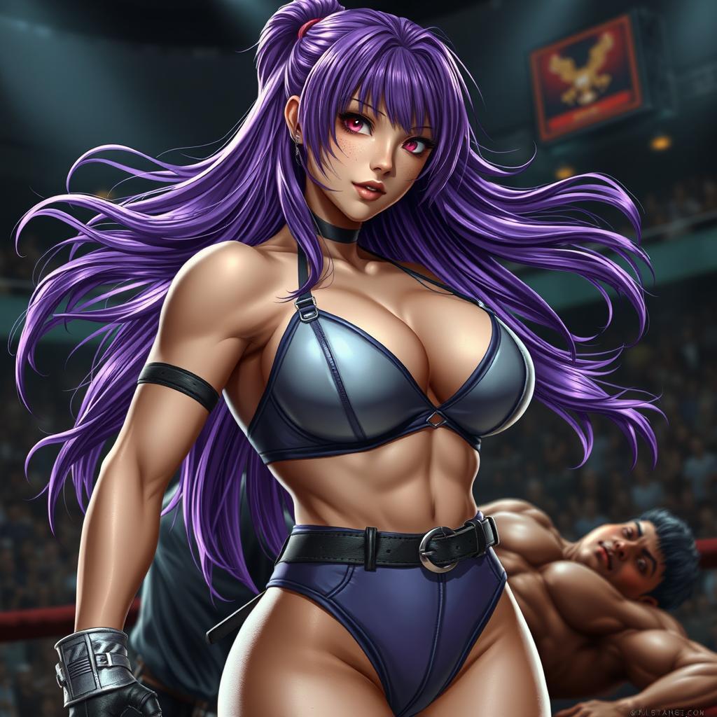 An ultrarealistic depiction of a sexy woman embodying Ayane from Dead or Alive, with flowing, vibrant violet hair and exquisitely defined facial features