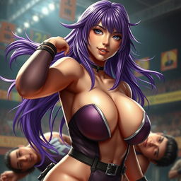 An ultrarealistic depiction of a sexy woman embodying Ayane from Dead or Alive, with flowing, vibrant violet hair and exquisitely defined facial features