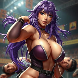 An ultrarealistic depiction of a sexy woman embodying Ayane from Dead or Alive, with flowing, vibrant violet hair and exquisitely defined facial features