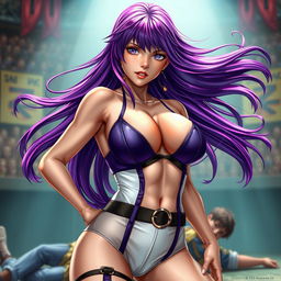 An ultrarealistic depiction of a sexy woman embodying Ayane from Dead or Alive, with flowing, vibrant violet hair and exquisitely defined facial features