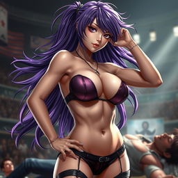 An ultrarealistic depiction of a sexy woman embodying Ayane from Dead or Alive, with flowing, vibrant violet hair and exquisitely defined facial features