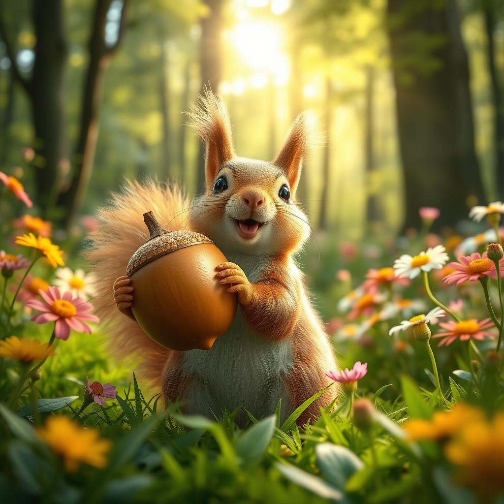 a joyful squirrel in a lush green forest, holding a large acorn, surrounded by vibrant flowers and sunlight filtering through the trees, capturing a whimsical and magical moment in nature