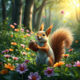 a joyful squirrel in a lush green forest, holding a large acorn, surrounded by vibrant flowers and sunlight filtering through the trees, capturing a whimsical and magical moment in nature