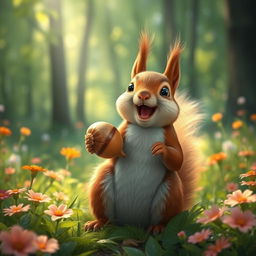 a joyful squirrel in a lush green forest, holding a large acorn, surrounded by vibrant flowers and sunlight filtering through the trees, capturing a whimsical and magical moment in nature