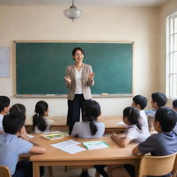 An enthusiastic teacher in an interactive education environment, teaching English to a multi-cultural group of students. The room brims with educational materials, from books to flashcards, and the chalkboard showcases the day's lessons.