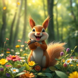 a joyful squirrel in a lush green forest, holding a large acorn, surrounded by vibrant flowers and sunlight filtering through the trees, capturing a whimsical and magical moment in nature