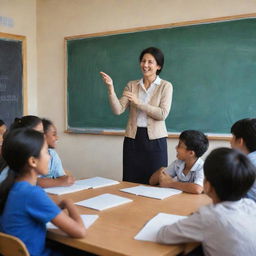 An enthusiastic teacher in an interactive education environment, teaching English to a multi-cultural group of students. The room brims with educational materials, from books to flashcards, and the chalkboard showcases the day's lessons.