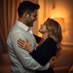 a romantic and intimate couple sharing a passionate embrace in a beautifully lit room, the warmth of their connection radiating in their expressions, capturing the essence of love and affection, delicate lighting accentuating their features and adding an artistic touch to the scene