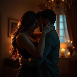 a romantic and intimate couple sharing a passionate embrace in a beautifully lit room, the warmth of their connection radiating in their expressions, capturing the essence of love and affection, delicate lighting accentuating their features and adding an artistic touch to the scene