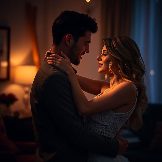 a romantic and intimate couple sharing a passionate embrace in a beautifully lit room, the warmth of their connection radiating in their expressions, capturing the essence of love and affection, delicate lighting accentuating their features and adding an artistic touch to the scene