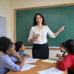 An enthusiastic teacher in an interactive education environment, teaching English to a multi-cultural group of students. The room brims with educational materials, from books to flashcards, and the chalkboard showcases the day's lessons.