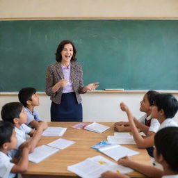 An enthusiastic teacher in an interactive education environment, teaching English to a multi-cultural group of students. The room brims with educational materials, from books to flashcards, and the chalkboard showcases the day's lessons.