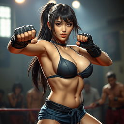 A real-life inspired woman with striking resemblance to Ayane from Dead or Alive, depicted with curvaceous features, including prominent bust and deep cleavage, executing a sexy and slightly humiliating pose after a victorious fight over a male opponent