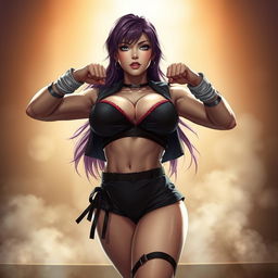 A real-life inspired woman with striking resemblance to Ayane from Dead or Alive, depicted with curvaceous features, including prominent bust and deep cleavage, executing a sexy and slightly humiliating pose after a victorious fight over a male opponent