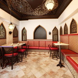 Design a 1600 sq ft budget-friendly Arabian Mandi eatery, with 30 percent of the area devoted to the kitchen. Incorporate traditional Middle Eastern architectural elements.