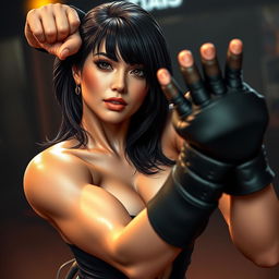 A real-life inspired woman with striking resemblance to Ayane from Dead or Alive, depicted with curvaceous features, including prominent bust and deep cleavage, executing a sexy and slightly humiliating pose after a victorious fight over a male opponent