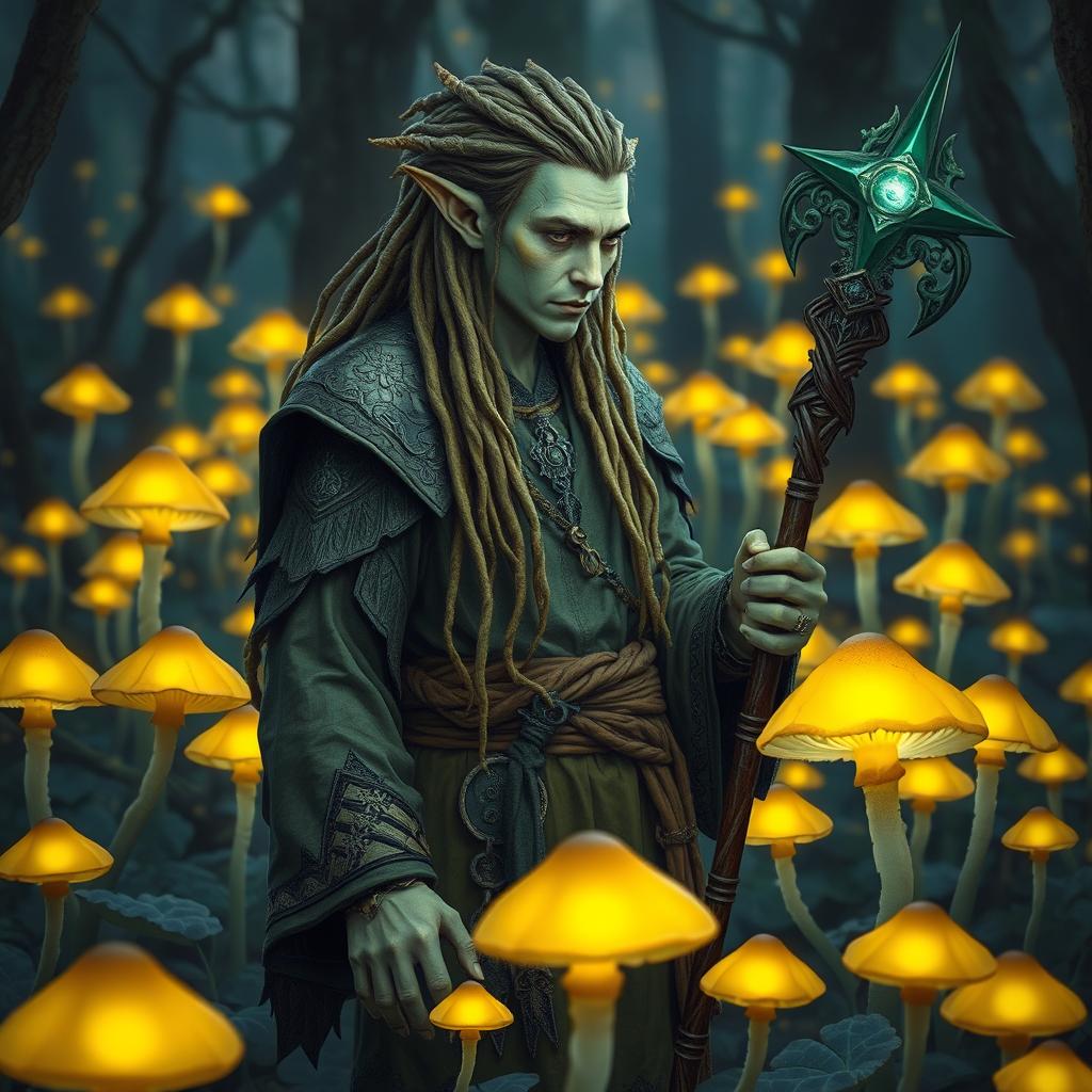 A male tiefling with pale, olive-green skin is standing amidst a grove of glowing mushrooms