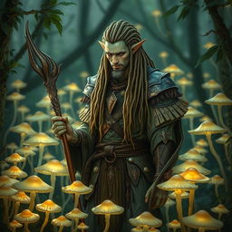 A male tiefling with pale, olive-green skin is standing amidst a grove of glowing mushrooms